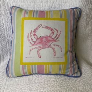 Striped Pillow with Pink Crab Design by Betsy Drake